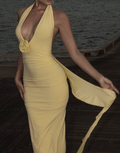 Sexy Mermaid Halter V Neck Pastel Yellow Satin Backless Long Prom Dress,Evening Dress GG1538