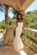 Chic Mermaid Spaghetti Straps Light Ivory Satin With Tulle Hem Long Prom Dress,Evening Dress GG1541