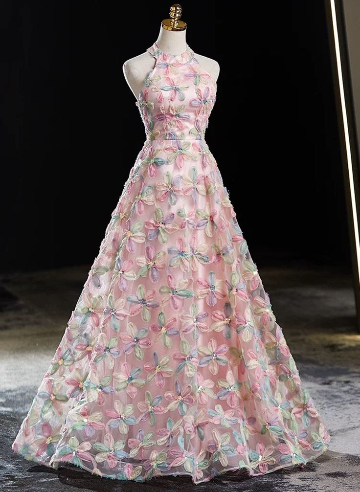 Delicate A Line Pink Halter Lace Applique Floor Length Long Prom Dress, Pink Lace Evening Dresses GG156