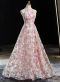 Delicate A Line Pink Halter Lace Applique Floor Length Long Prom Dress, Pink Lace Evening Dresses GG156