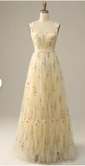 Elegant A Line Square Applique Pastel Yellow Tulle Long Prom Dresses,Evening Dresses GG158
