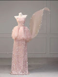 Fairy A Line Strapless Pink Tulle Lace Sequin Sweep Train Long Prom Dress,Evening Dress GG1608