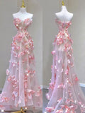 Pretty A Line Strapless Pink Tulle Applique Long Prom Dress,Evening Dress GG1624