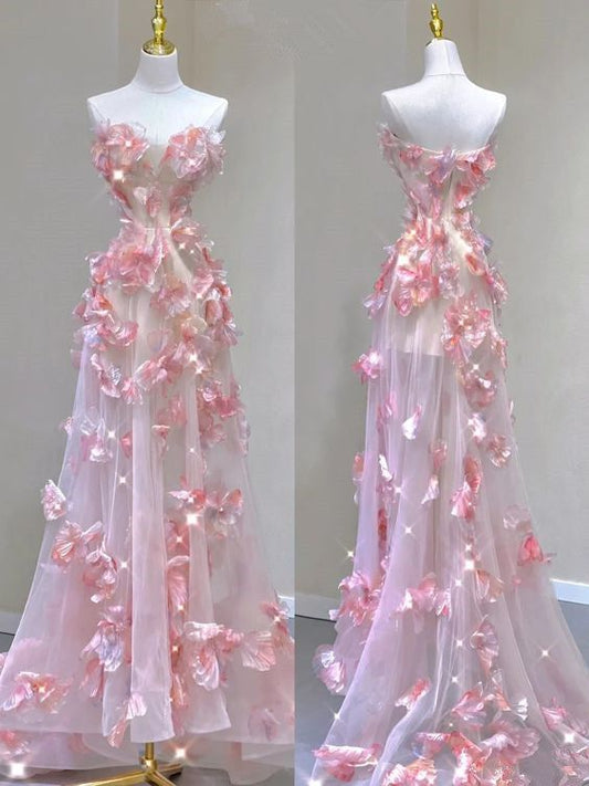 Pretty A Line Strapless Pink Tulle Applique Long Prom Dress,Evening Dress GG1624
