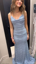 Glitter Mermaid Spaghetti Straps Satin Pleated Sequin Long Prom Dress,Evening Dress GG1633