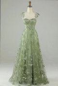 Exquisite A Line Square Green Lace Applique Bow Long Prom Dress,Evening Dresses GG163