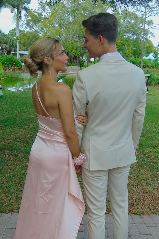 Elegant Mermaid One Shoulder Satin Pleated Slit Long Prom Dress,Evening Dress GG1642