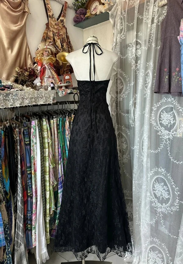 Charming A Line Halter Black Lace Ruffles Pleated Long Prom Dress,Evening Dress GG1645