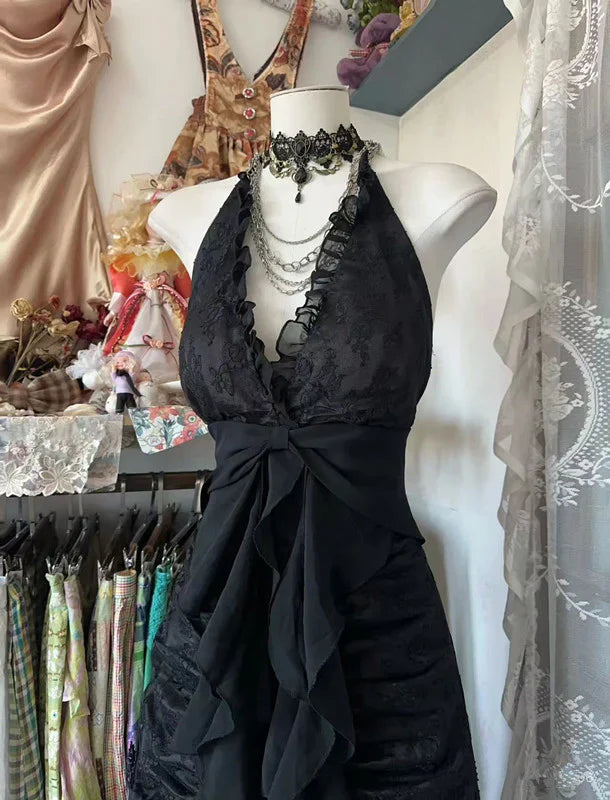 Charming A Line Halter Black Lace Ruffles Pleated Long Prom Dress,Evening Dress GG1645
