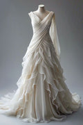 Elegant A Line V Neckline Light Ivory Chiffon Pleated Ruffles Long Prom Dress,Evening Dress GG1647
