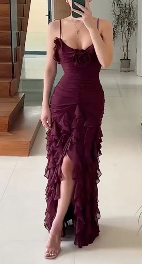 Pretty Mermaid Spaghetti Straps Burgundy Chiffon Ruffles Long Prom Dress,Evening Dress GG1667