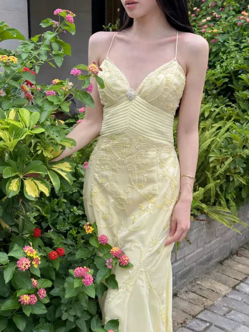 Elegant Mermaid Spaghetti Straps Pastel Yellow Chiffon Long Prom Dress,Evening Dress GG1685