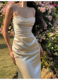 Elegant Mermaid Spaghetti Straps Ivory Satin Pleated Long  Prom Dress,Evening Dress GG1689