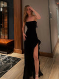 Sexy Mermaid Strapless Black Satin Slit  Long Prom Dress,Evening Dress GG1719