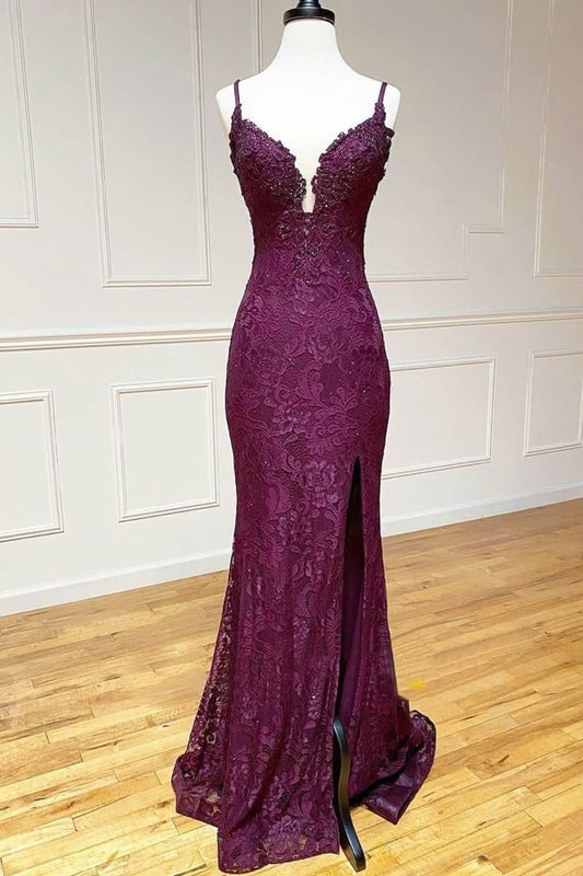 Gorgeous Mermaid Spaghetti Straps Satin Lace Beaded Slit Long Prom Dress,Evening Dress GG1745
