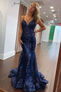 Gorgeous Mermaid Spaghetti Straps V Neck Navy Tulle Sequin Long Prom Dress,Evening Dress GG1765