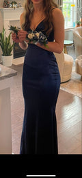Simple Mermaid Spaghetti Straps V Neck Navy Satin Long Prom Dress,Evening Dress GG1766