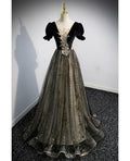 Elegant  A Line Black Short Bubble Tulle Sparkly Sequins Long Prom Dress,Evening Dresses GG177