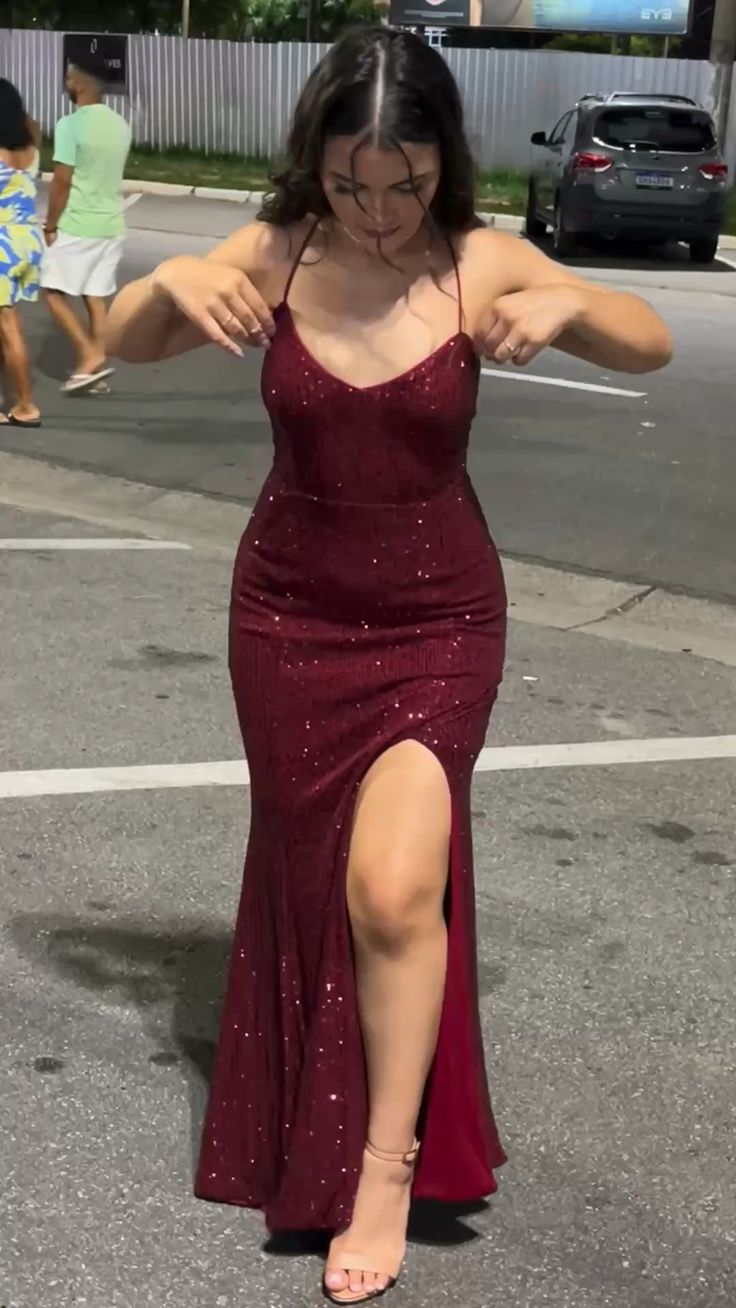 Sexy Mermaid Halter Straps Burgundy Satin Sequin Slit Long Prom Dress,Evening Dress GG1770