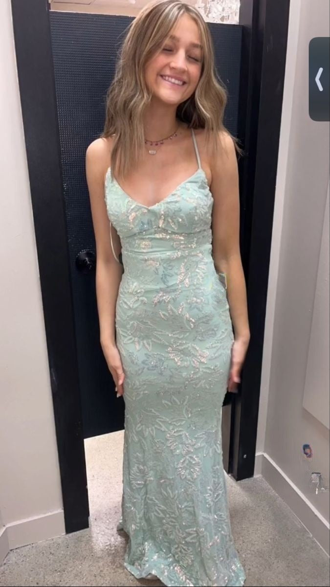 Charming Mermaid Spaghetti Straps Mint Green Satin Applique Long Prom Dress,Evening Dress GG1776
