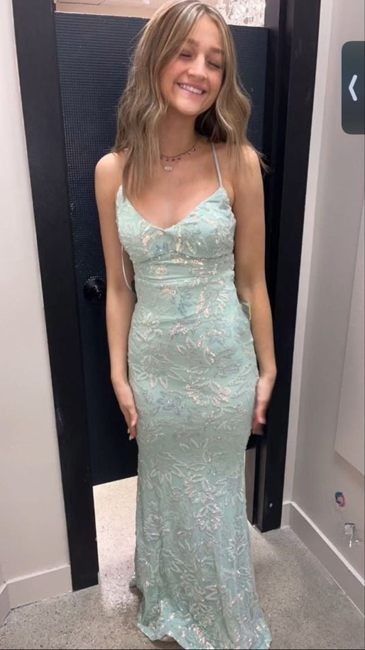 Charming Mermaid Spaghetti Straps Mint Green Satin Applique Long Prom Dress,Evening Dress GG1776
