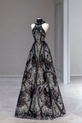 Elegant  A Line Black Pattern Halter Metal Belt Long Prom Dress,Evening Dresses GG178