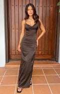 Elegant Mermaid Spaghetti Straps Brown Satin Slit Long Prom Dress,Evening Dress GG1783