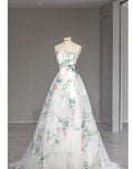 Elegant  A Line White Strapless Lace Print Flower Long Prom Dress,Evening Dresses GG179
