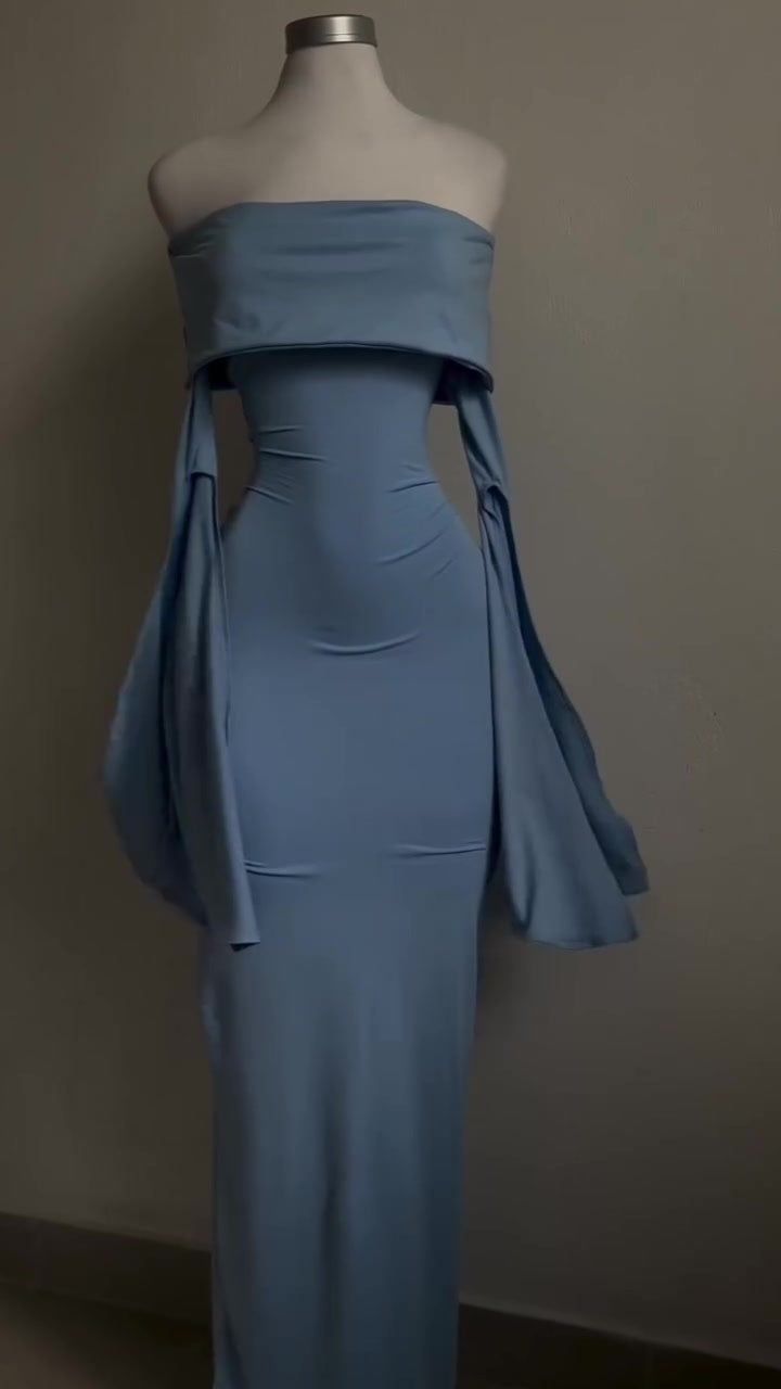 Chic Mermaid Off The Shoulder Sky Blue Satin Long Sleeves Long Prom Dress,Evening Dress GG1801