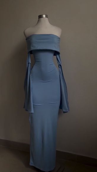 Chic Mermaid Off The Shoulder Sky Blue Satin Long Sleeves Long Prom Dress,Evening Dress GG1801