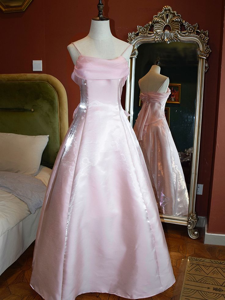 Elegant A Line Spaghetti Straps Pink Satin Long Prom Dress,Evening Dress GG1807