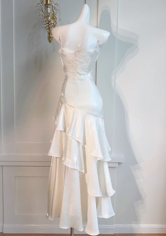Fairy Mermaid Spaghetti Straps White Satin Tiered Long Prom Dress,Evening Dress GG1812