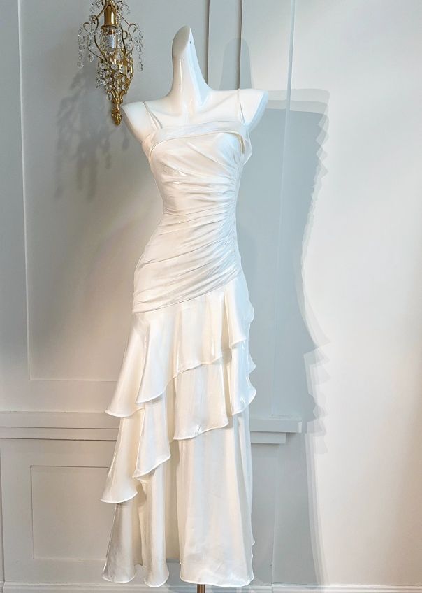 Fairy Mermaid Spaghetti Straps White Satin Tiered Long Prom Dress,Evening Dress GG1812