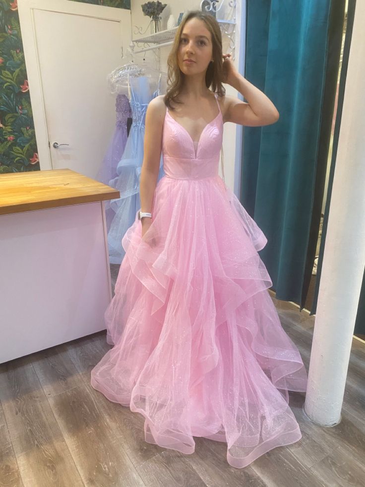 Pretty A Line Spaghetti Straps Light Pink Tulle Long Prom Dress,Evening Dress GG1822