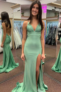 Sexy Mermaid Spaghetti Straps V Neck Elastic Satin Slit Long Prom Dress,Evening Dress GG1836