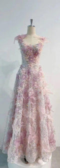 Romatic A Line Spaghetti Straps Pink Sequin Tulle Floral Long Prom Dresses, Evening Dresses GG184