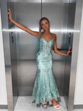 Chic Mermaid Spaghetti Straps Tiffany Blue Tulle Applique Long Prom Dress,Evening Dress GG1844