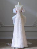 Luxury A Line Off The Shoulder Beading Sequins  Puff Sleeve Bow Tain Pearl Chain Long Prom Dresses, Wedding Dresses,Evening Dresses GG185
