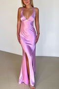 Charming Mermaid V Neck Satin Slit Long Prom Dress,Evening Dress GG1858