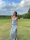 Elegant Mermaid Spaghetti Straps Sky Blue Satin Slit Long Prom Dress,Evening Dress GG1861