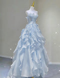 Chic A Line Strapless Ripple Light Blue Floral Chiffon Long Prom Dresses, Evening Dresses GG188