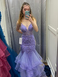 Gorgeous Mermaid Spaghetti Straps Lilac Tulle Beaded Long Prom Dress,Evening Dress GG1897