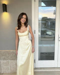 Simple A Line Spaghetti Straps Pastel Yellow Satin Long Prom Dress,Evening Dress GG1918