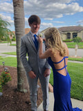 Chic Mermaid Halter Straps Royal Blue Satin Beaded Long Prom Dress,Evening Dress GG1926