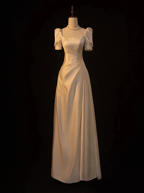 Simple A Line Square Lvory Satin Short Bubble Sleeves Long Prom Dress, Evening Dress GG192