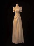 Simple A Line Square Lvory Satin Short Bubble Sleeves Long Prom Dress, Evening Dress GG192
