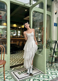 Chic A Line Spaghetti Straps White Chiffon Lace Tiered Long Prom Dress,Evening Dress GG1931