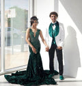 Gorgeous Mermaid V Neck Dark Green Velvet Beaded Long Prom Dress,Evening Dress GG1933