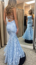 Delicate Mermaid Halter Straps Pale Blue Lace Long Prom Dress,Evening Dress GG1955
