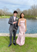 Simple Mermaid Spaghetti Straps Light Pink Satin Slit Long Prom Dress,Evening Dress GG1958